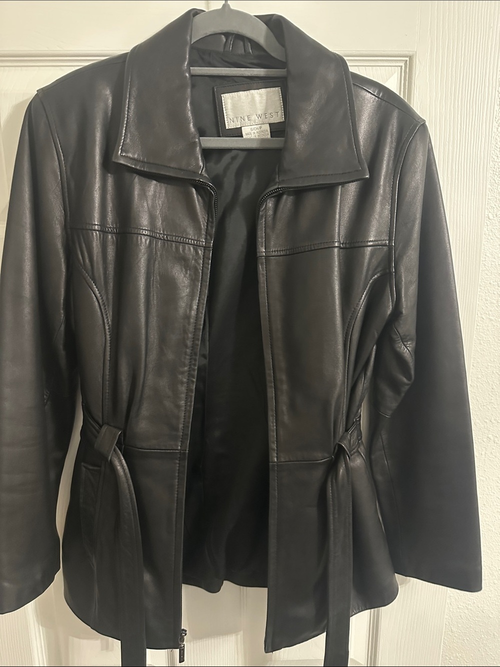 Nine West Black Leather Waist-Cinch Moto Jacket